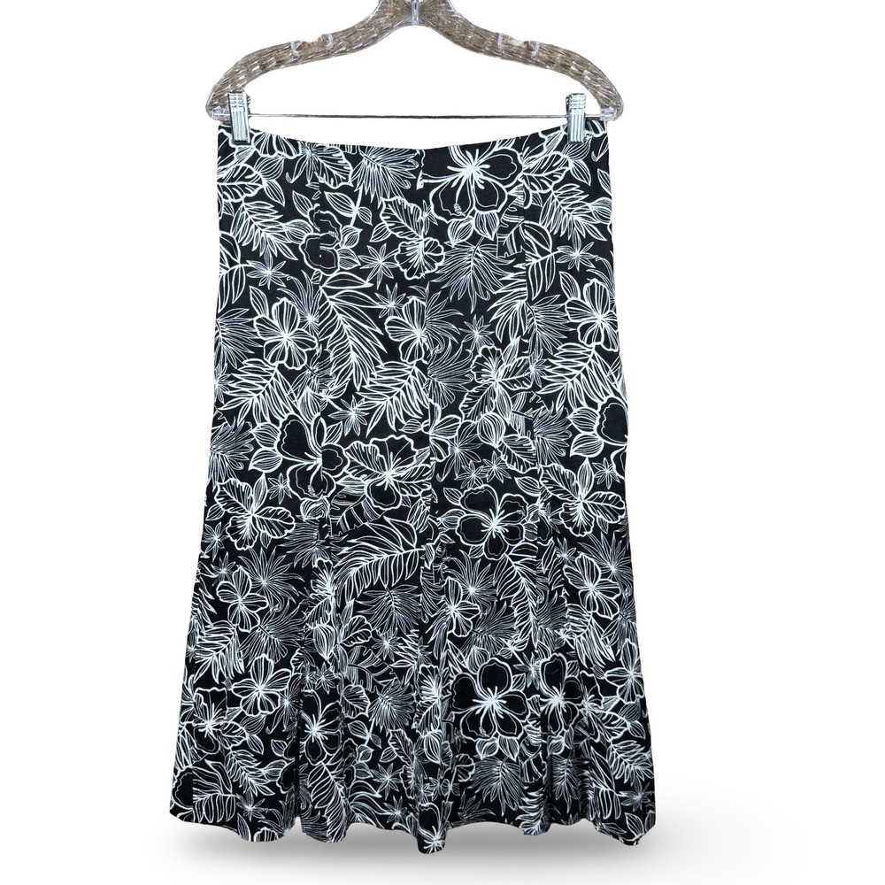 Vtg 90s Linen Midi Skirt‎ Size 8 Hawaiian Black White Floral R.Q.T Tropical